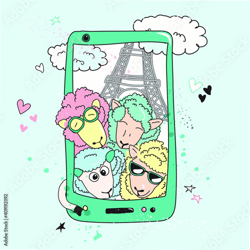 Cartoon funny lambs make selfies  in front of the Eiffel Tower. Trendy pastel color. Travel vector illustration