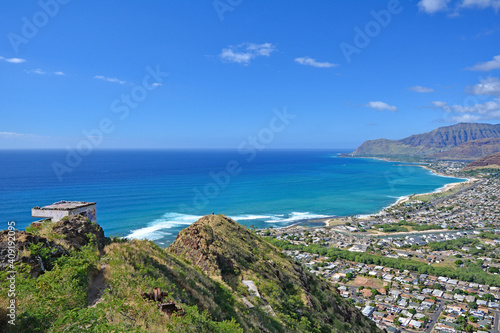 Scenic view from Pillbox hike on the west side of Oahu, Hawaii near Waianae and Maili. 