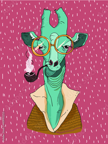 Cartoon giraffe, smoking  with a pipe in a cardigan, with glasses. Ironic look. Cozy funny winter  vector illustration.