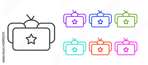 Black line Ushanka icon isolated on white background. Russian fur winter hat ushanka with star. Soviet Union uniform of KGB and NKVD. Set icons colorful. Vector.