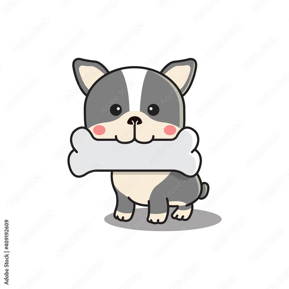 Cute bulldog with bone in mouth. Kawaii animal clip art. Flat style cartoon vector. Cute bulldog with bone in mouth. Kawaii animal clip art. Flat style cartoon vector.