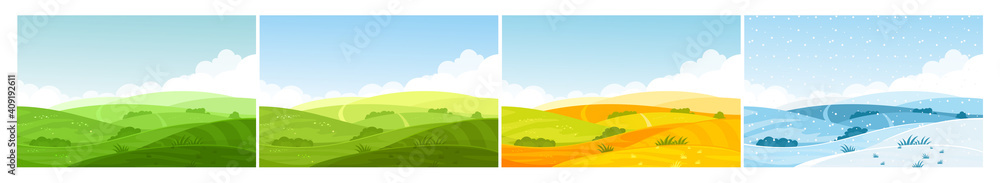 Nature field landscape in four seasons. Cartoon summer spring autumn winter scenes with green grassland meadow, blue snow hills, yellow wild fields, panorama scenery background. - obrazy, fototapety, plakaty 