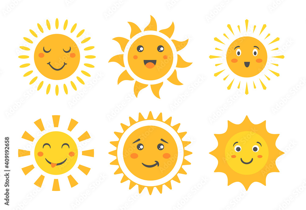 Cartoon sun emoticon characters collection, sunny faces with happy emotions and fun positive smile, funny summer sunshine baby emoji. Cute sun vector illustration set.
