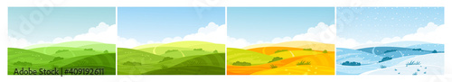 Nature field landscape in four seasons. Cartoon summer spring autumn winter scenes with green grassland meadow  blue snow hills  yellow wild fields  panorama scenery background.