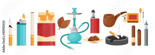 smoker addict collection with nicotine cigarette in pack box or ashtray, cigar lighter hookah vape and tobacco leaves. Smoking tobacco addiction set.