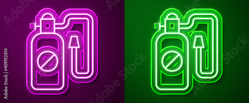 Glowing neon line Pressure sprayer for extermination of insects icon isolated on purple and green background. Pest control service. Disinfectant sprayer. Vector.