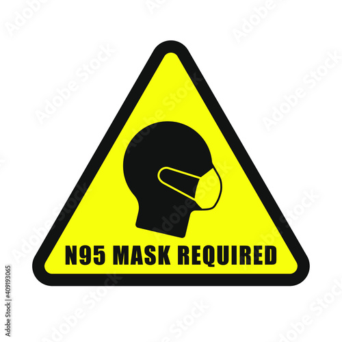 N95 face mask required warning vector sign. Medical biohazard protection. Covid-19 social distancing and safety measures symbol. Coronavirus pandemic icon. Protective mask head silhouette.