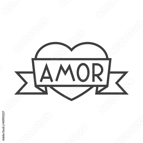 Día de San Valentín. Logotipo con texto hecho a mano Amor en español escrito en listón en corazón con lineas en color gris