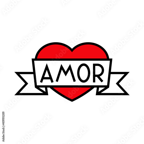 Día de San Valentín. Logotipo con texto hecho a mano Amor en español escrito en listón en corazón con lineas en color rojo y negro