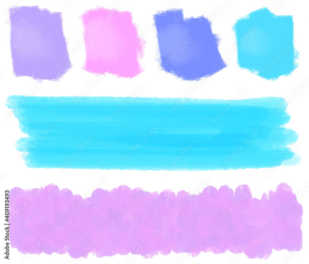 Abstract background with a set of colored spots in pink, blue, yellow, purple. Colored background on paper.