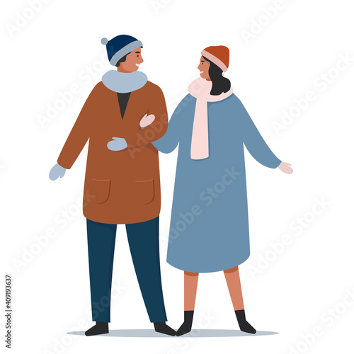 A happy man and a woman in winter clothes look at each other and hold hands white isolated background. Flat vector cartoon illustration 