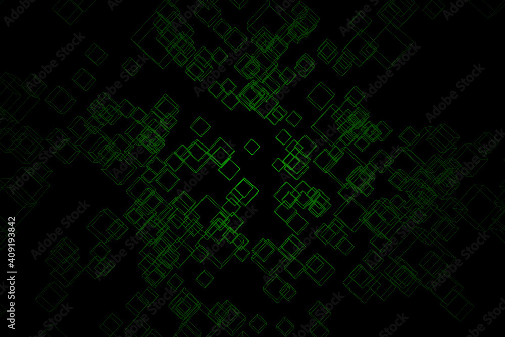 Abstract digital technology background of big green color 3d box on the black or dark gradient color.