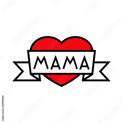 Día de la madre. Logotipo con texto hecho a mano Mama en español escrito en listón en corazón con lineas en color rojo y negro