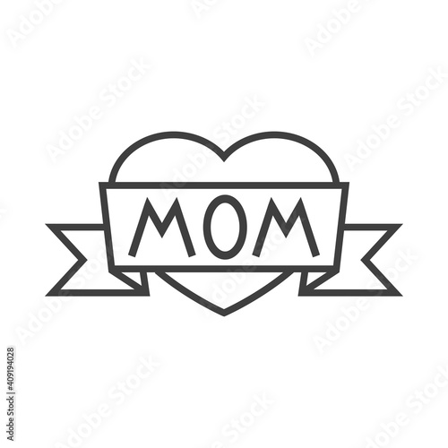 Día de la madre. Logotipo con texto hecho a mano Mom escrito en listón en corazón con lineas en color gris