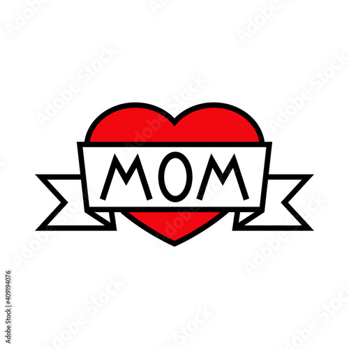 Día de la madre. Logotipo con texto hecho a mano Mom escrito en listón en corazón con lineas en color rojo y negro