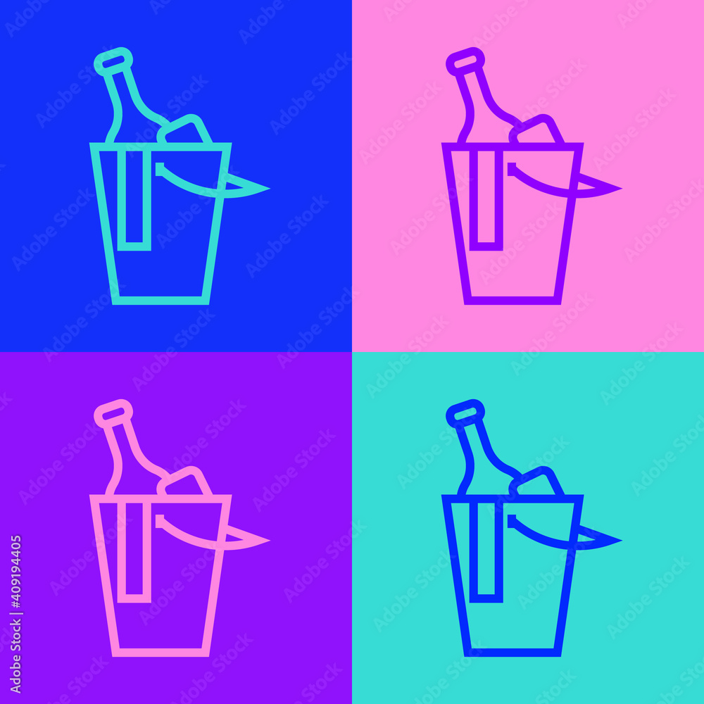 Pop art line Bottle of wine in an ice bucket icon isolated on color background. Vector.