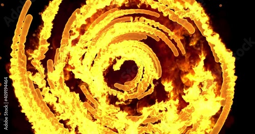 Fire dance. Fiery spiral. Video, 4k, animation. Bright, golden. A hypnotic rotating abstraction of fire. Can be used for splash screens