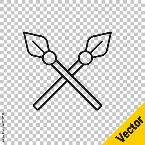 Black line Crossed medieval spears icon isolated on transparent background. Medieval weapon. Vector.