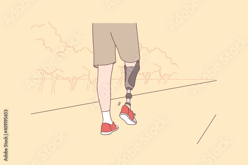 Disabled and handicapped people active lifestyle concept. Low angle view at disabled young man with prosthetic leg walking in park and enjoying walk vector illustration 