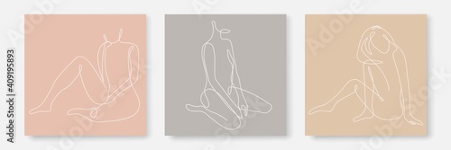 Woman Body One Line Drawing Prints Set. Creative Contemporary Abstract Line Drawing. Beauty Fashion Female Naked Figure. Vector Minimalist Design for Wall Art, Print, Card, Poster.