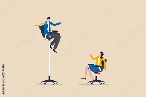 Gender gap and inequality in work, pay gap or advantage for man over woman in career path concept, businessman sitting on high office chair over businesswoman sit on normal chair discussing work.
