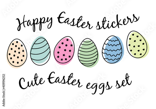 Happy Easter greeting card with cute colorful decorated easter eggs stickers set in pastel colors with dancing lettering isolated on white background. EPS 10 vector design element