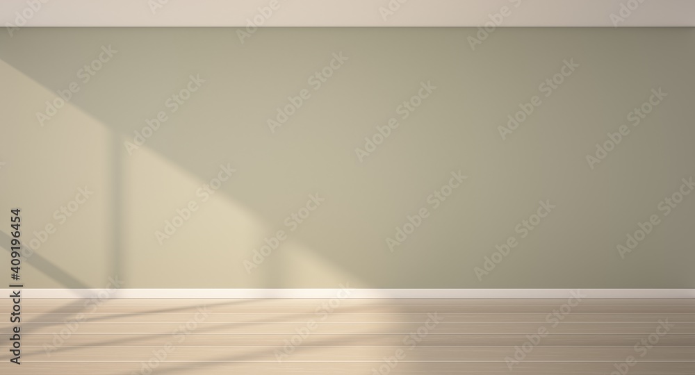 3d rendering of interior. Green wall, Light wood floor and Sunlight shining in the room. Empty interior background. 3d rendering of interior. Green wall, Light wood floor and Sunlight shining in the room. Empty interior background.