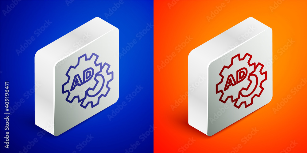 Isometric line Advertising icon isolated on blue and orange background. Concept of marketing and promotion process. Responsive ads. Social media advertising. Silver square button. Vector. Isometric line Advertising icon isolated on blue and orange background. Concept of marketing and promotion process. Responsive ads. Social media advertising. Silver square button. Vector.