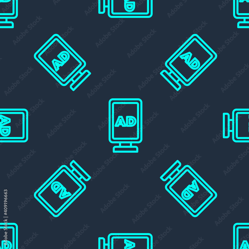 Green line Advertising icon isolated seamless pattern on blue background. Concept of marketing and promotion process. Responsive ads. Social media advertising. Vector.