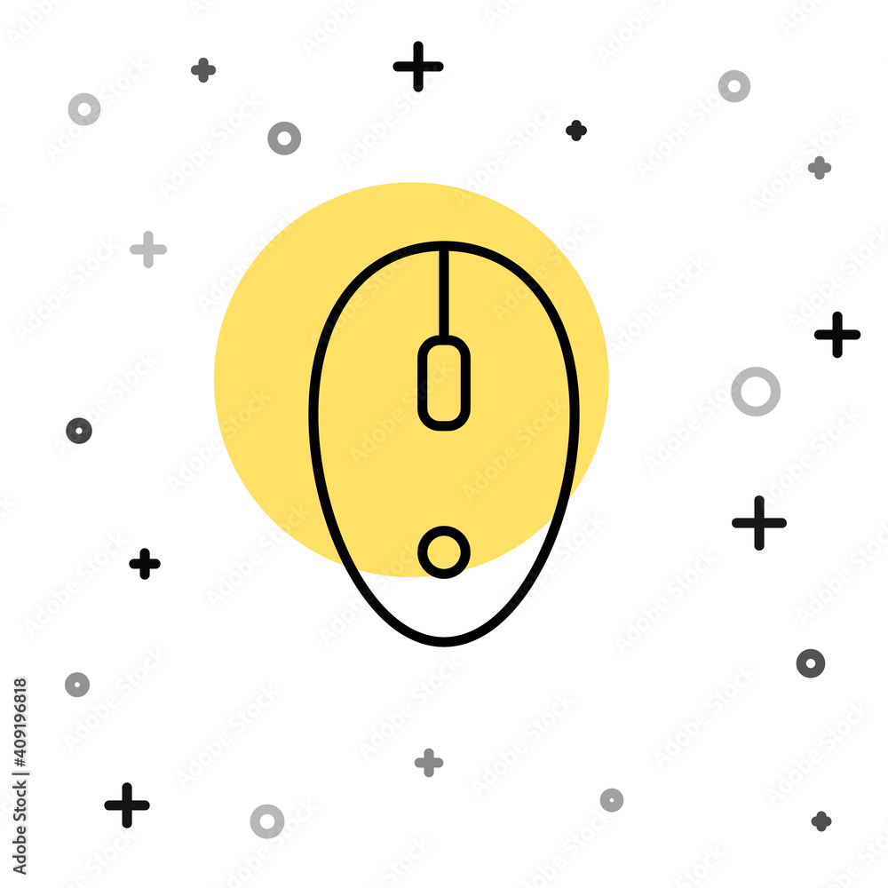 Black line Computer mouse icon isolated on white background. Optical with wheel symbol. Random dynamic shapes. Vector. Black line Computer mouse icon isolated on white background. Optical with wheel symbol. Random dynamic shapes. Vector.