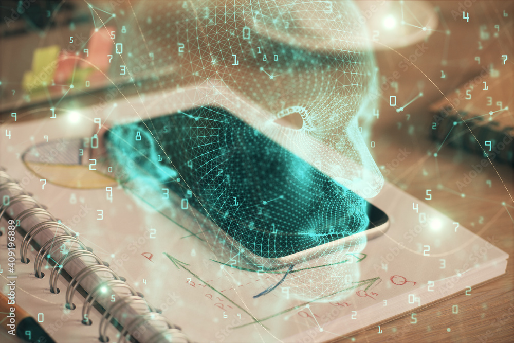 Double exposure of brain theme drawing and cell phone background. Concept of information Double exposure of brain theme drawing and cell phone background. Concept of information