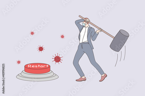 Restarting business after COVID-19 lockdown concept. Businessman in medical face mask reopening company using huge hammer to hit emergency restart button during coronavirus pandemic illustration