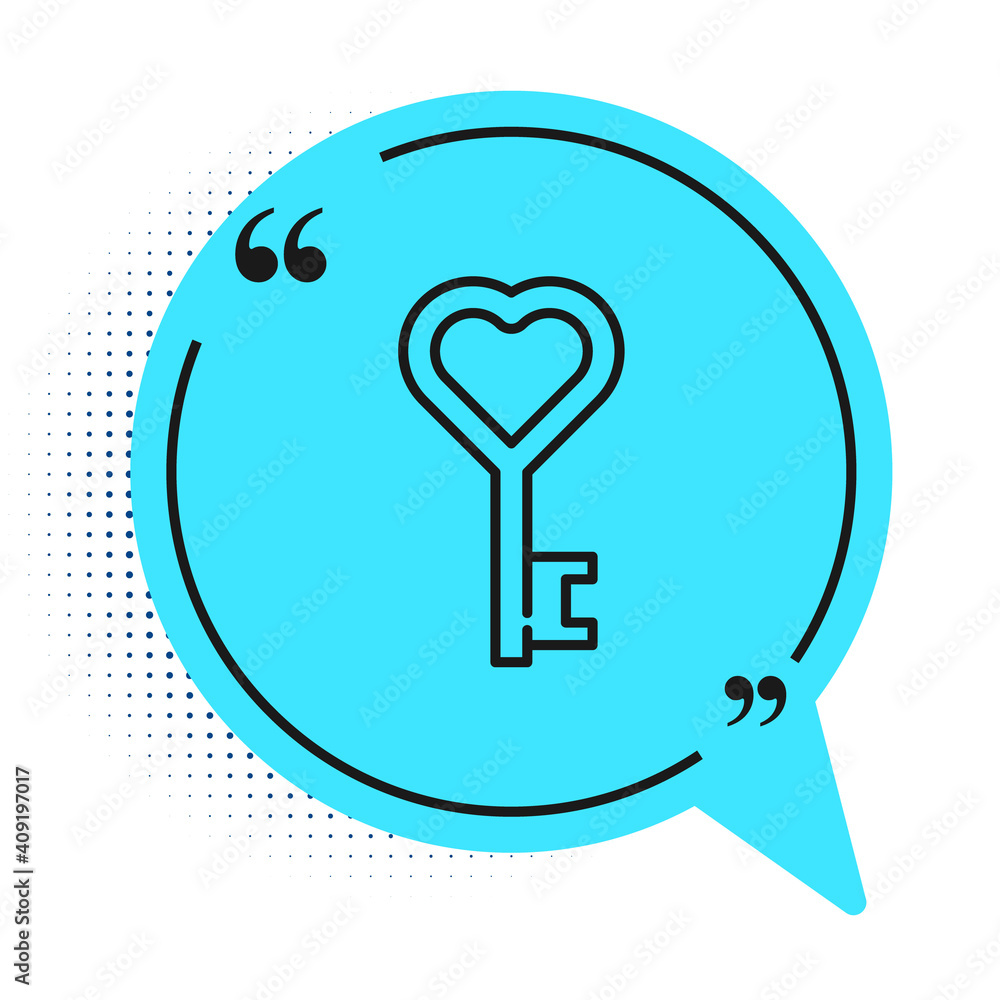 Black line Key in heart shape icon isolated on white background. Valentines day symbol. Blue speech bubble symbol. Vector. Black line Key in heart shape icon isolated on white background. Valentines day symbol. Blue speech bubble symbol. Vector.