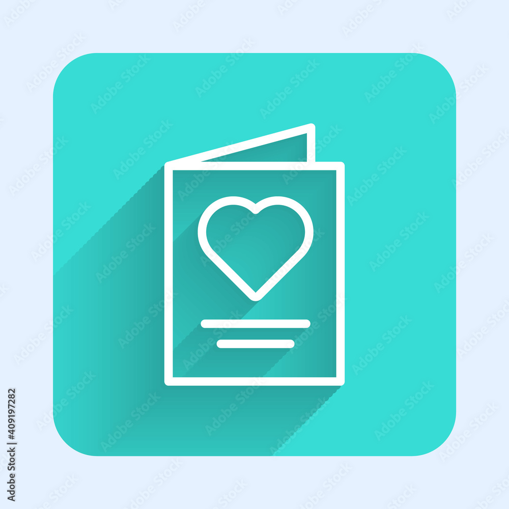 White line Greeting card icon isolated with long shadow. Celebration poster template for invitation or greeting card. Green square button. Vector. White line Greeting card icon isolated with long shadow. Celebration poster template for invitation or greeting card. Green square button. Vector.