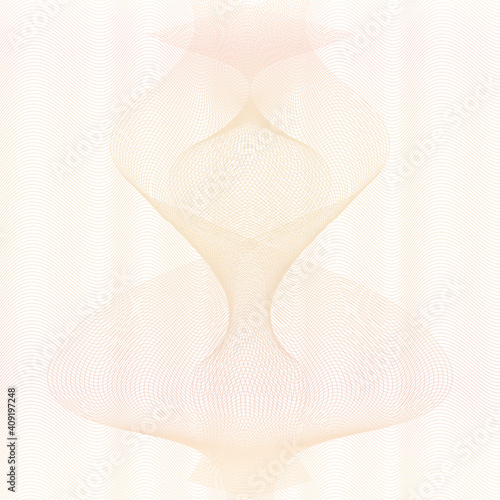 Beige, cream colored symmetric guilloche. Watermark design. Twisted pattern, wavy curve. Squiggly subtle lines. Vector abstract background. Template for passport, banknote, diploma, certificate. EPS10