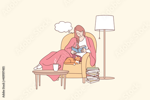 Enjoying daily lifestyle concept. Young smiling woman cartoon character sitting in armchair with cat reading book in cosy home and resting vector illustration 