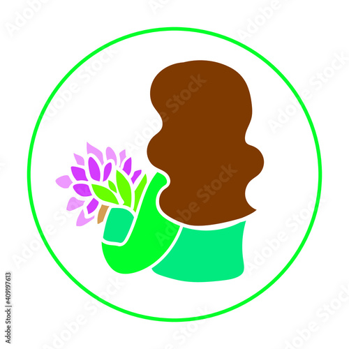 Simple graphic logo with a female silhouette seen from the back. Woman with long brown hair holding a bouquet of pink flowers. Florist icon concept.