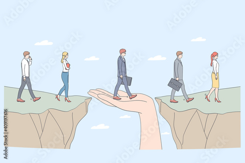 Protection and partnership concept. Human hand helping business people to step from one side to another supporting as help service assistance with insurance care vector illustration