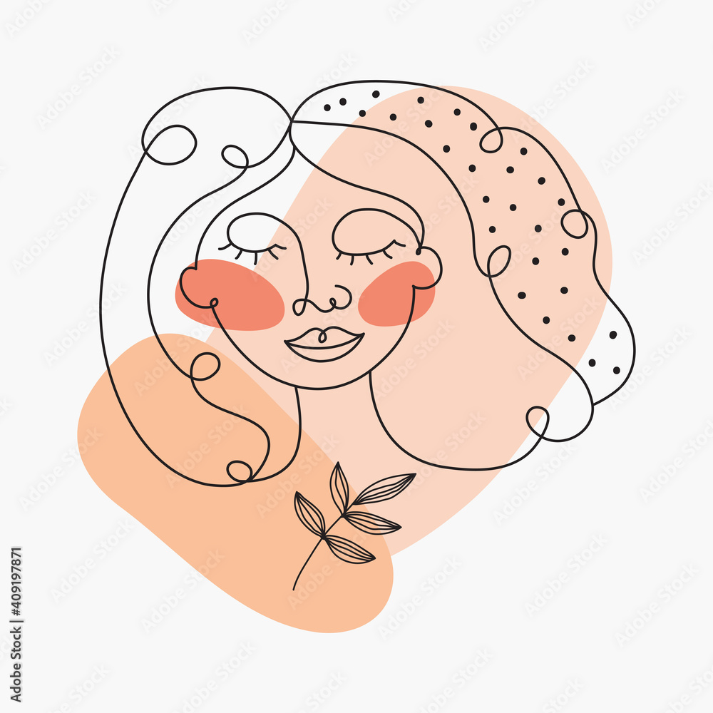 Obraz premium Contemporary portrait of a woman in one continuous line. Abstract composition female face and stylized plant elements. Art line drawing style. Vector illustration in minimalistic concept for poster.