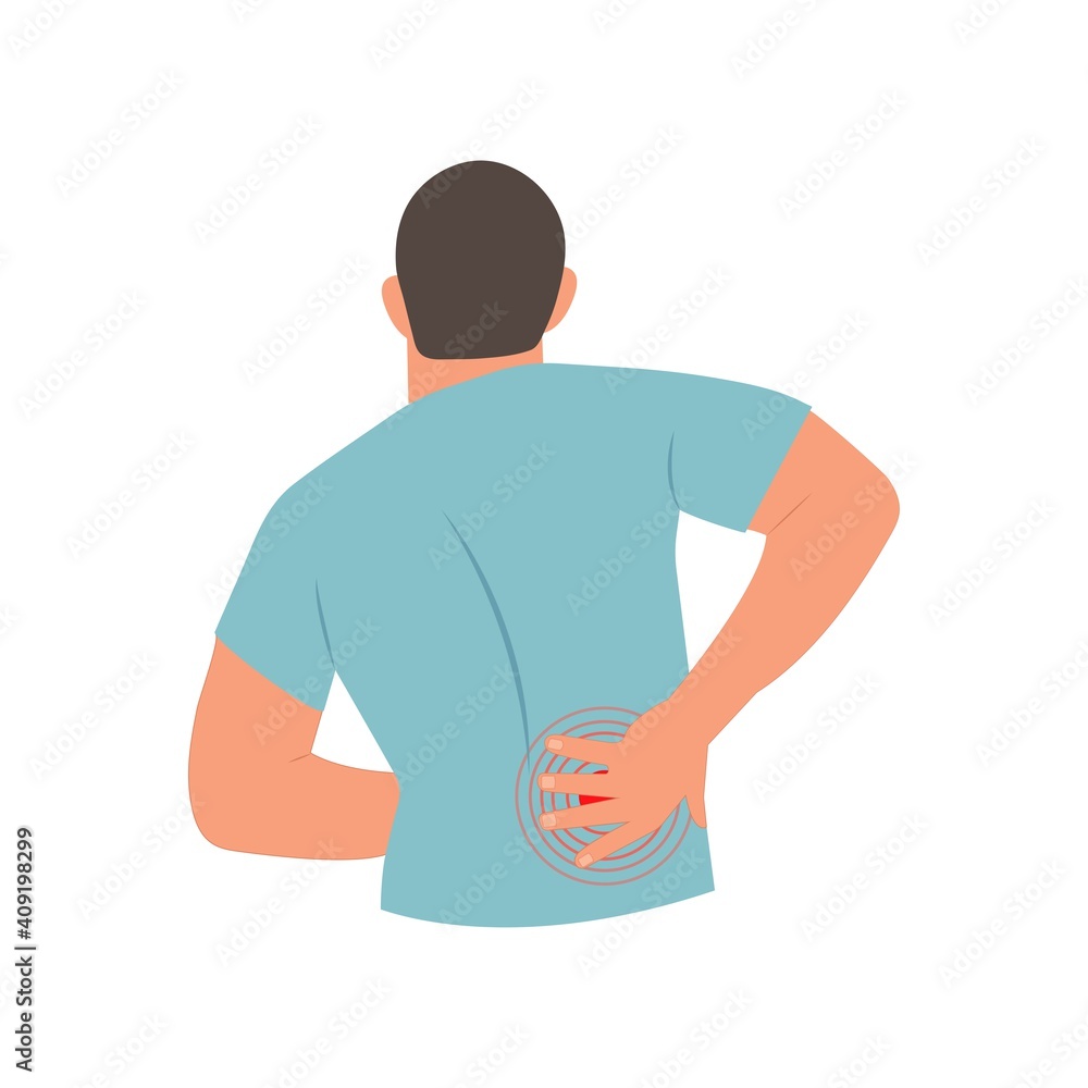 Man holding his back in pain. Lower back pain. Backache concept.Vector illustration on a white