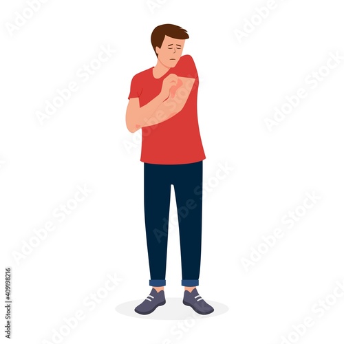 Allergic reaction of the patient. The concept of symptoms of eczema, psoriasis, atoric dermatitis. A man with a rash on his arm, scratching itchy pimples. Vector illustration isolated.