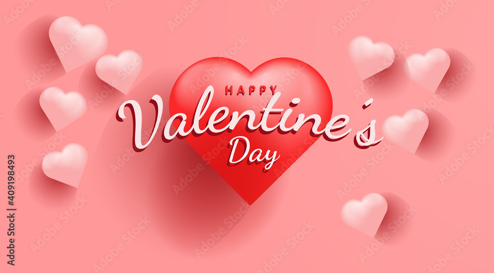 Valentine's Day background with 3d hearts on pink. Vector illustration. Cute love banner or greeting card.