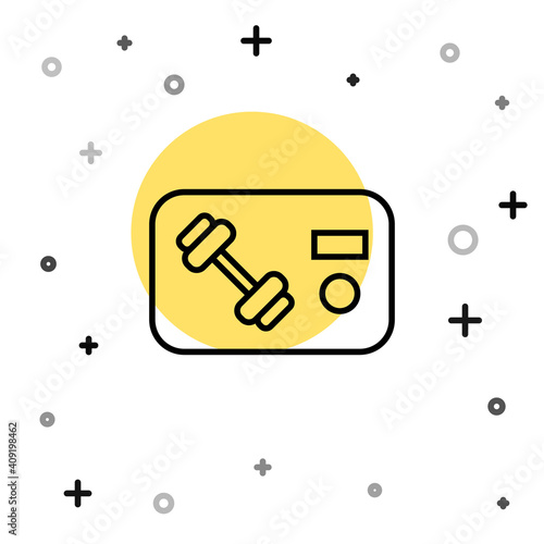 Black line Fitness club, gym card icon isolated on white background. Random dynamic shapes. Vector.