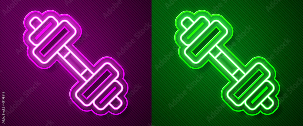 Glowing neon line Dumbbell icon isolated on purple and green background. Muscle lifting icon, fitness barbell, gym, sports equipment, exercise bumbbell. Vector. Glowing neon line Dumbbell icon isolated on purple and green background. Muscle lifting icon, fitness barbell, gym, sports equipment, exercise bumbbell. Vector.
