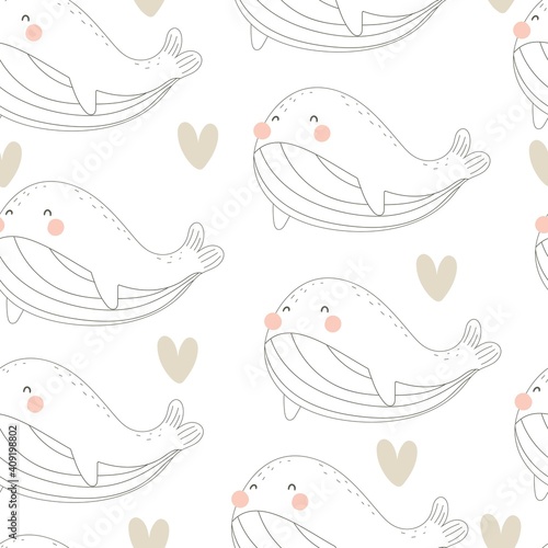 Seamless pattern with cartoon whale. Colorful vector flat style. hand drawing. valentines day. Romantic design for print, wrapper, fabric.