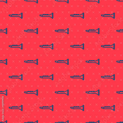 Blue line Clarinet icon isolated seamless pattern on red background. Musical instrument. Vector.