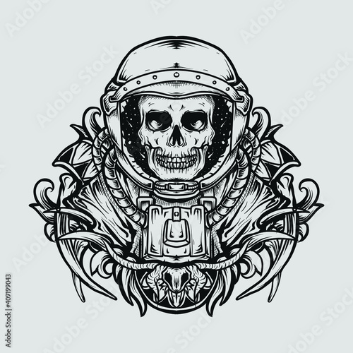 tattoo and t-shirt design black and white hand drawn astronaut skull engraving ornament