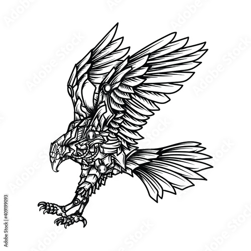 tattoo and t-shirt design black and white hand drawn robot eagle