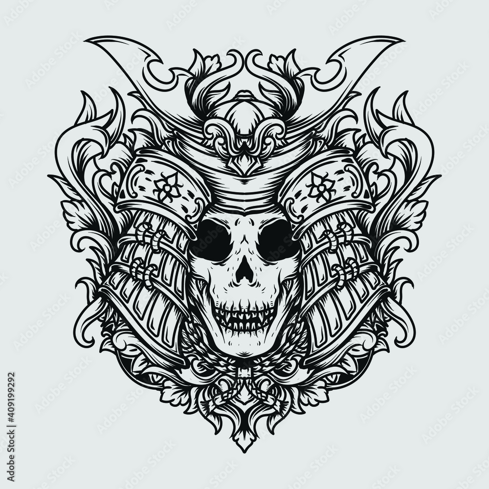 tattoo and t-shirt design black and white hand drawn samurai skull engraving ornament tattoo and t-shirt design black and white hand drawn samurai skull engraving ornament