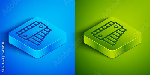 Isometric line Pan flute icon isolated on blue and green background. Traditional peruvian musical instrument. Folk instrument from Peru, Bolivia and Mexico. Square button. Vector.
